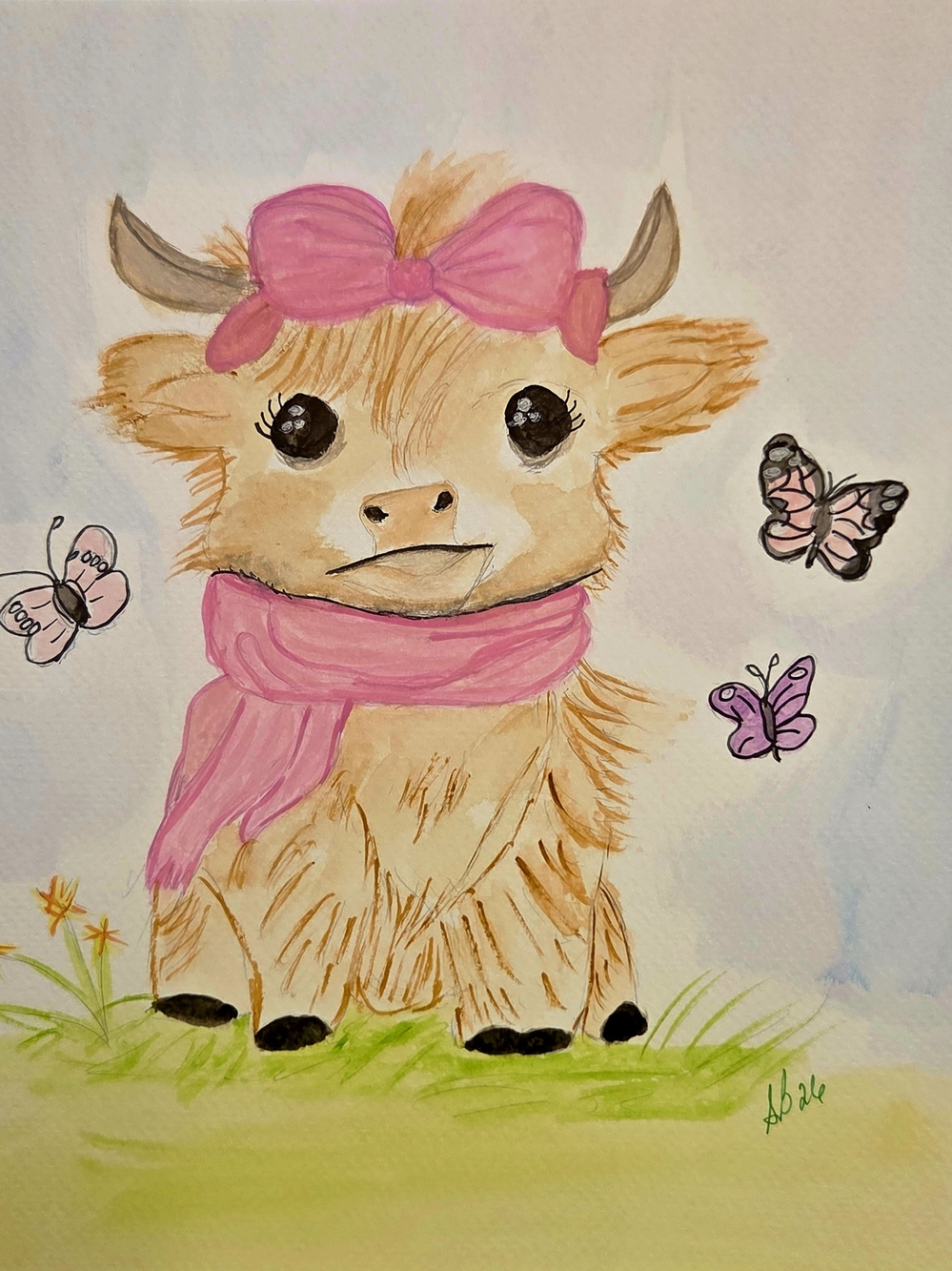 Whimsical Pink-Accented Highland Calf Watercolor